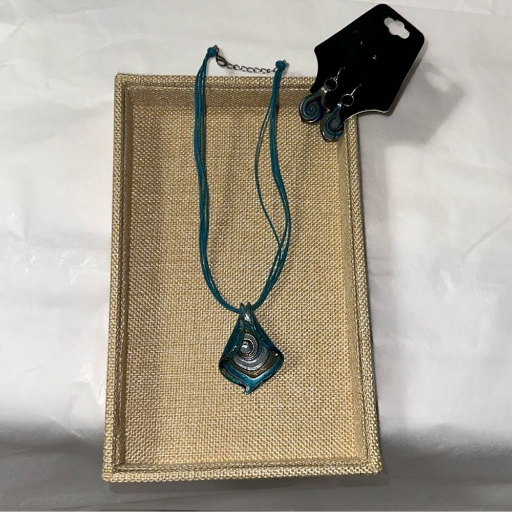 Aqua Blue Silver Gold Brown Four Strand Necklace and Earrings Set